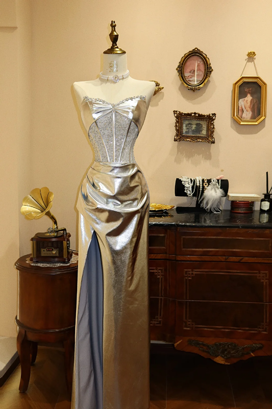 Silver strapless waist-cinching corset slim-fit slit sexy prom dress R7945