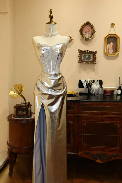 Silver strapless waist-cinching corset slim-fit slit sexy prom dress R7945