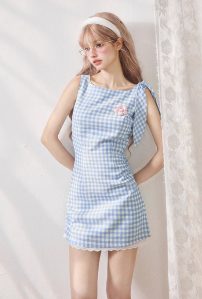 Blue and White Checkerboard Pleated Fitted Dress R5247