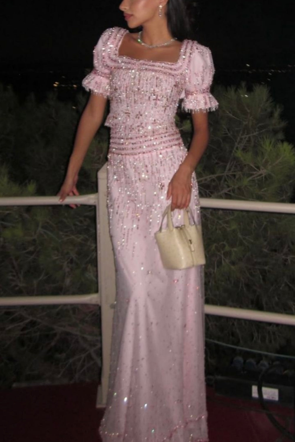 Short-Sleeve Pink Tulle Beaded Two-Piece Gown | Sweet Luxury Square Neck Cutout Maxi Dress for Gala Gathering gh6465