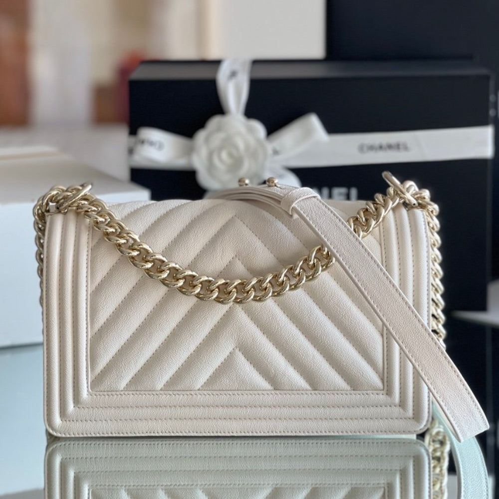 Chanel Boy Bag White Gold Hardware 25Cm A67086