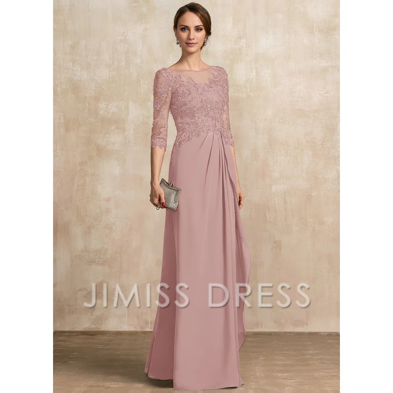 A-shaped Scoop Illusion floor mopping chiffon lace ribbon bead sequins layered ruffles mother of the bride dress