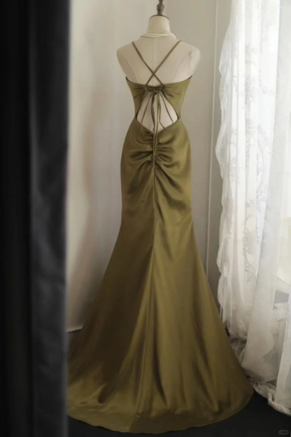 Elegant Olive Green Satin Mermaid Evening Gown Spaghetti Strap V-Neck Prom Dress TP5639
