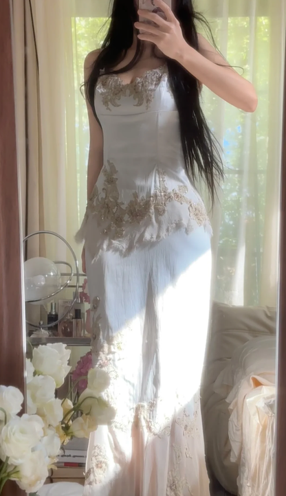 Vintage White Satin Appliques Chiffon Mermaid Long Birthday Prom Dress Party Gown