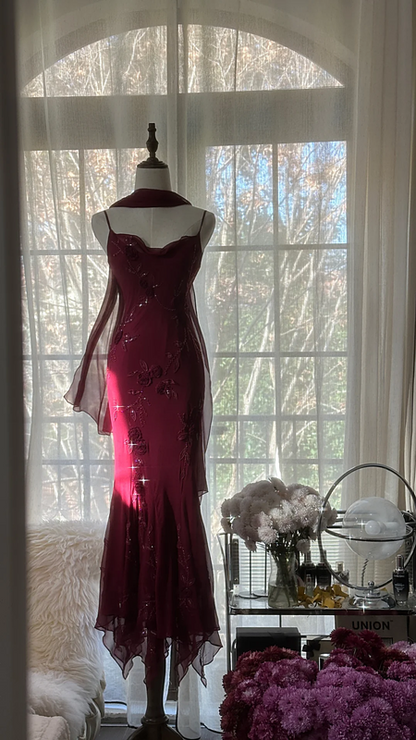 Purple-red halter-neck fitted waist bodycon long ball gown R7715