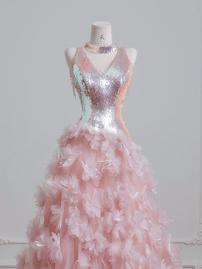 Light pink V-neck bodice with sequined tulle floral skirt, a ball gown or wedding dress R8224