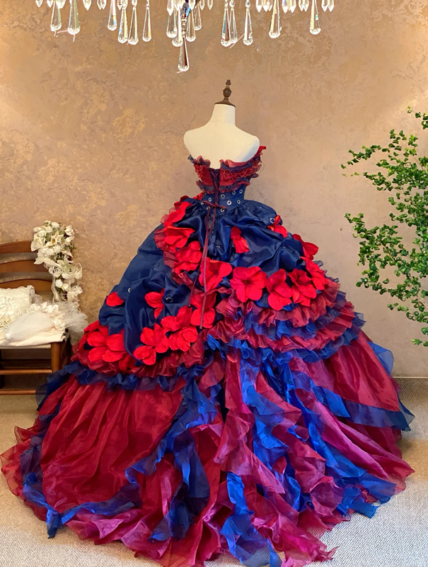 Red and Blue Color-Block Strapless Waist-Cinched Puffball Skirt Floor-Length Ball Gown, Bridal Gown R7365