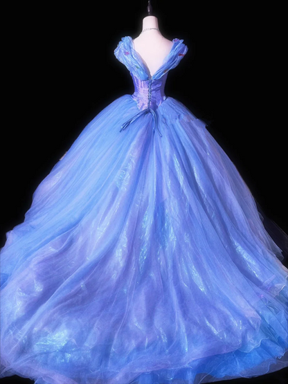 Blue V-neck fitted waist slim-fitting ball gown with a full skirt R8703