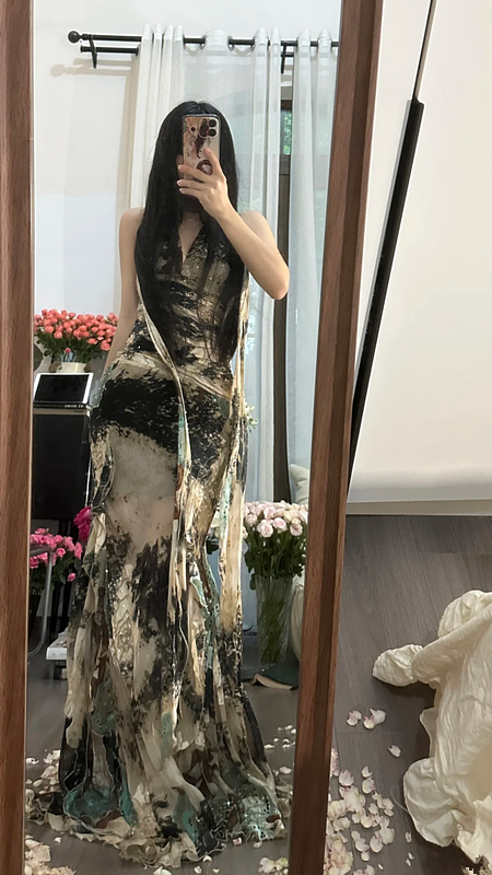 Black and white tie-dye halter neck fitted waist sexy long ball gown R7787