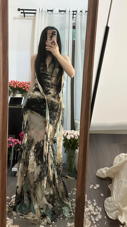 Black and white tie-dye halter neck fitted waist sexy long ball gown R7787