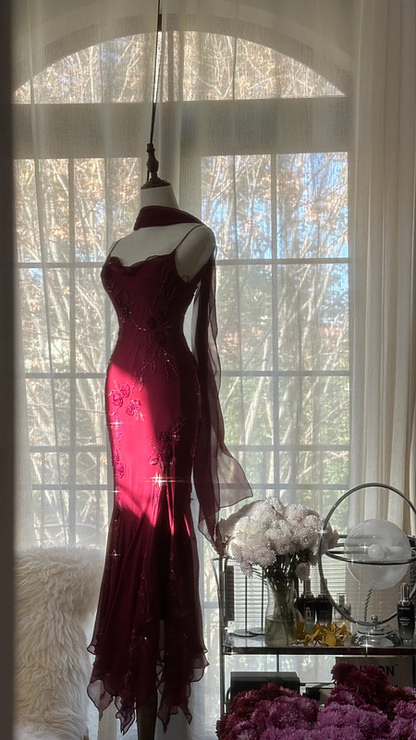 Purple-red halter-neck fitted waist bodycon long ball gown R7715