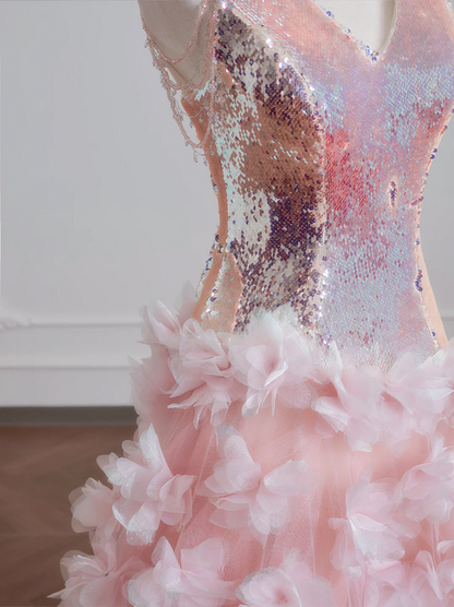 Light pink V-neck bodice with sequined tulle floral skirt, a ball gown or wedding dress R8224