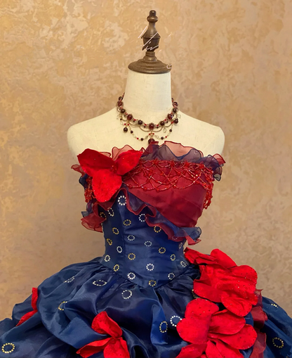 Red and Blue Color-Block Strapless Waist-Cinched Puffball Skirt Floor-Length Ball Gown, Bridal Gown R7365