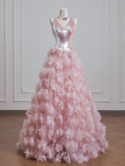 Light pink V-neck bodice with sequined tulle floral skirt, a ball gown or wedding dress R8224