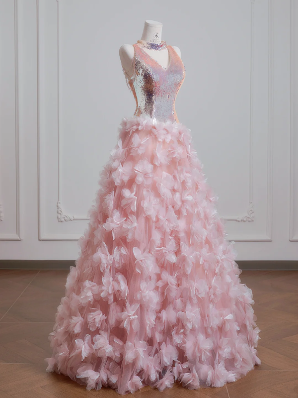 Light pink V-neck bodice with sequined tulle floral skirt, a ball gown or wedding dress R8224