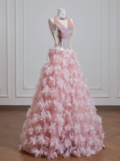 Light pink V-neck bodice with sequined tulle floral skirt, a ball gown or wedding dress R8224