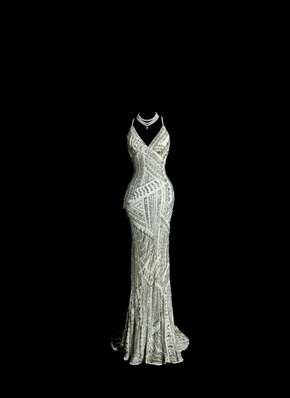 Silver halter-neck beaded fitted waist bodycon long ball gown R6640