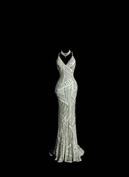 Silver halter-neck beaded fitted waist bodycon long ball gown R6640