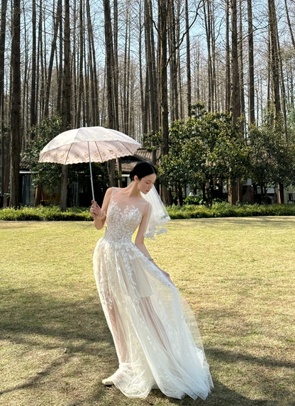 White strapless, waist-cinched, slim-fit lace long prom dress R7985