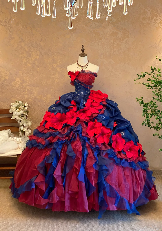 Red and Blue Color-Block Strapless Waist-Cinched Puffball Skirt Floor-Length Ball Gown, Bridal Gown R7365