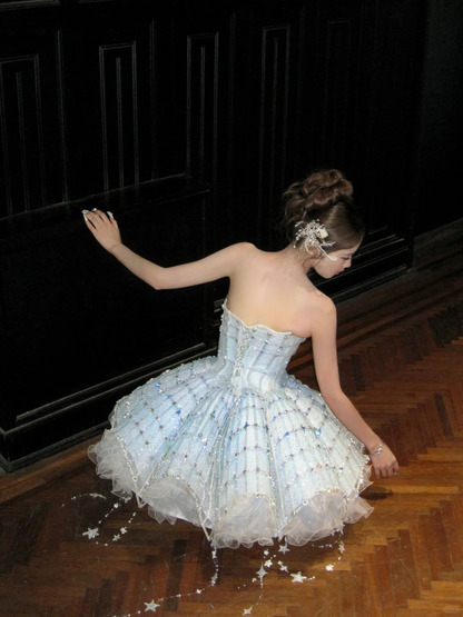 Gorgeous Shiny Light Blue Sequined A-Line Strapless Design Tiered Party Dress Homecoming Dress TP4238