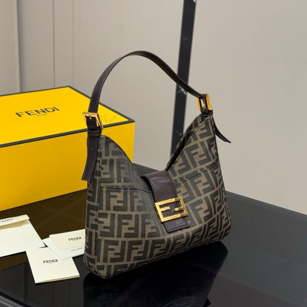 Fendi Zucca Baguette Canvas Leather Shoulder Bag Dark Brown 30cm
