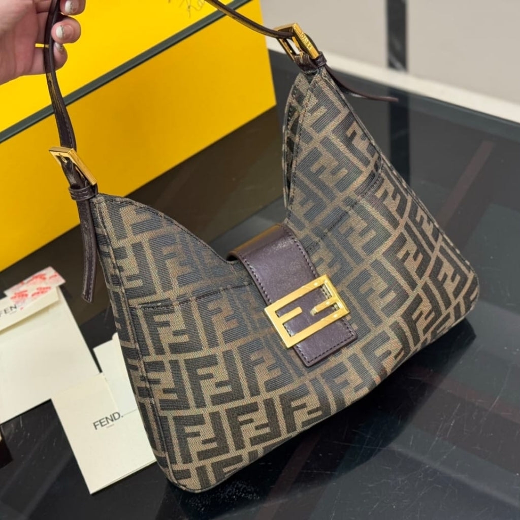 Fendi Zucca Baguette Canvas Leather Shoulder Bag Dark Brown 30cm