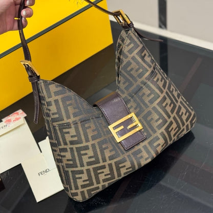 Fendi Zucca Baguette Canvas Leather Shoulder Bag Dark Brown 30cm