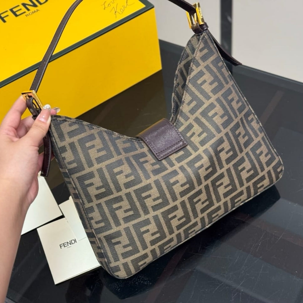 Fendi Zucca Baguette Canvas Leather Shoulder Bag Dark Brown 30cm
