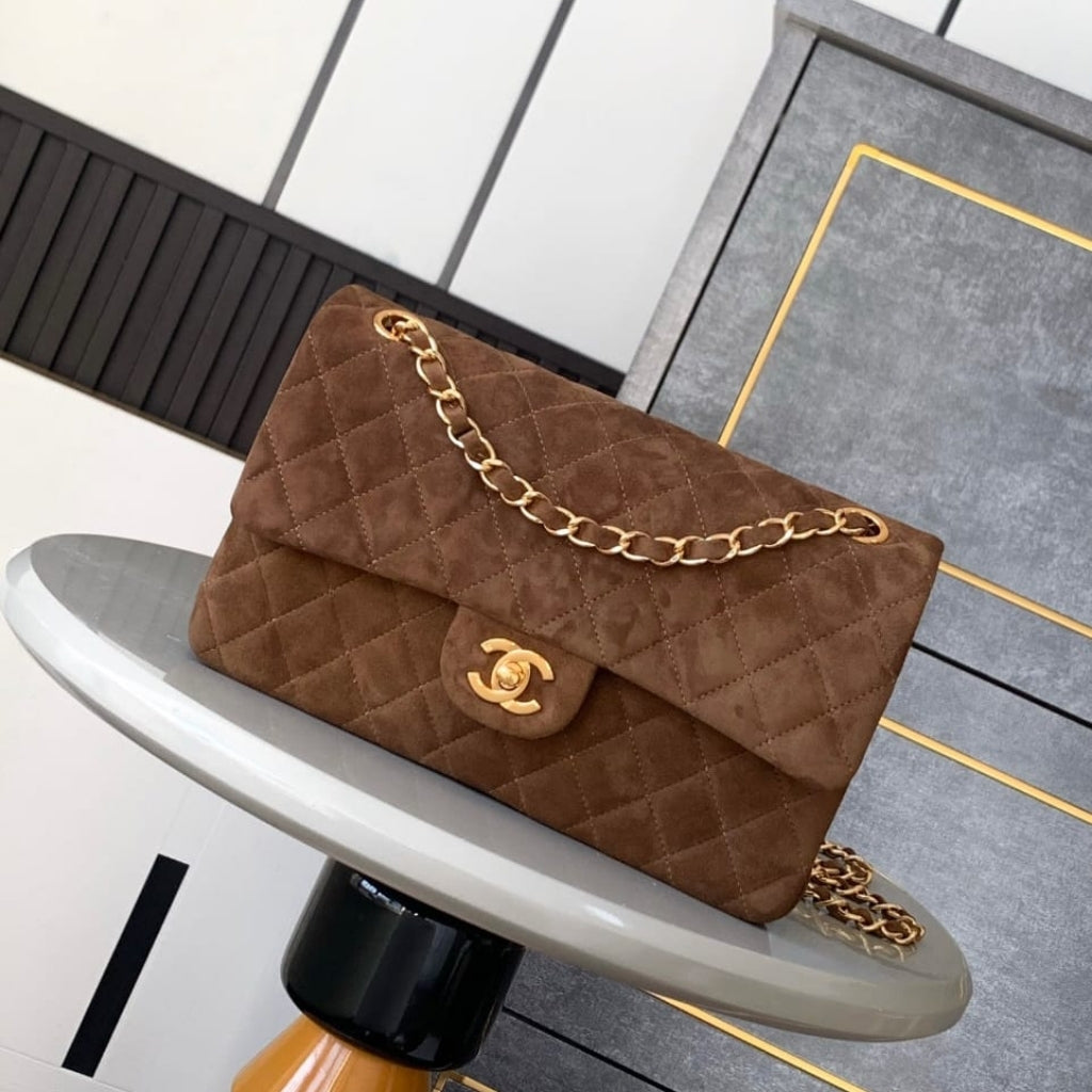 Chanel Classic Medium Double Flap Bag Gold Tone Dark Brown 25cm