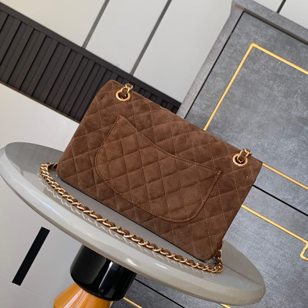 Chanel Classic Medium Double Flap Bag Gold Tone Dark Brown 25cm