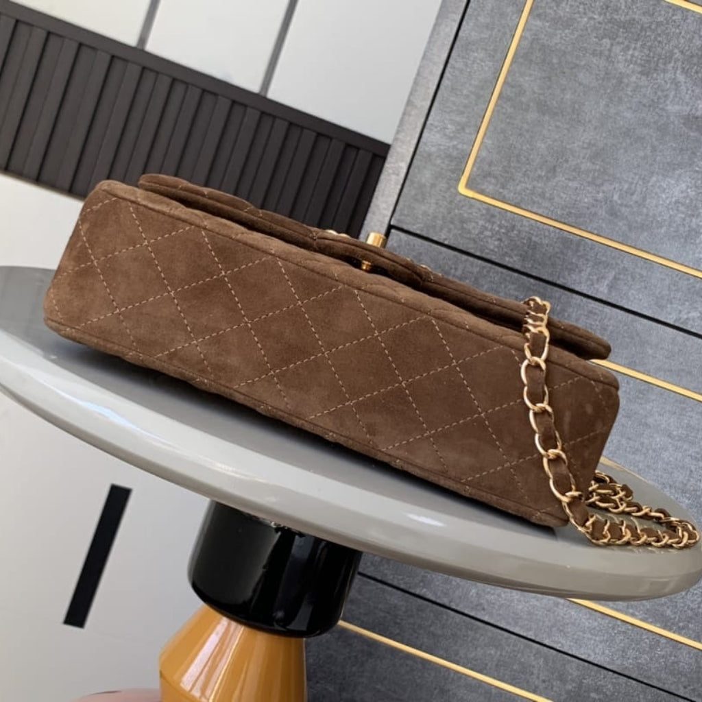Chanel Classic Medium Double Flap Bag Gold Tone Dark Brown 25cm