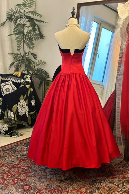Red & Black Color-block Bandeau Ball Gown: 3D Bow, Waist-cinched Flared Dress, Retro Banquet Heavy-duty Maxi Dress gh6581