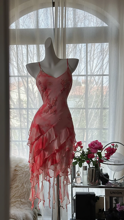 Pink halter-neck fitted midi ball gown R7675