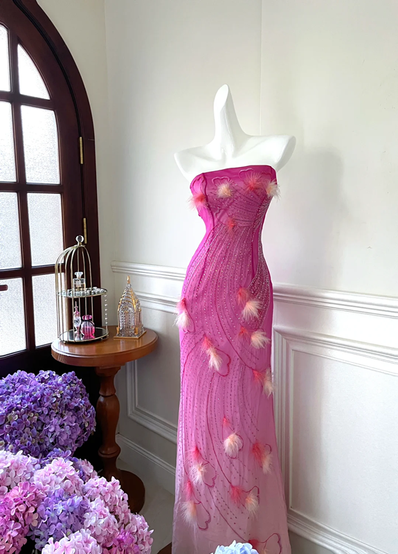 Pink gradient strapless fitted long ball gown R6879