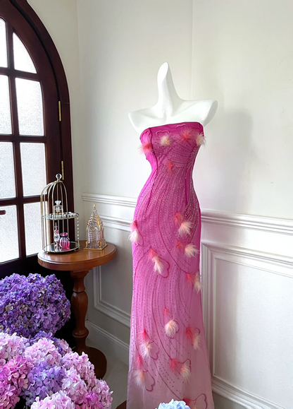 Pink gradient strapless fitted long ball gown R6879