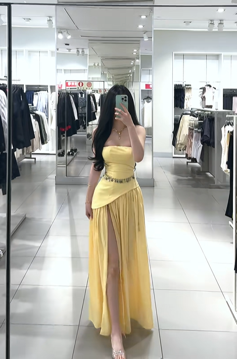 Yellow strapless sexy fitted waist slit long ball gown R7907