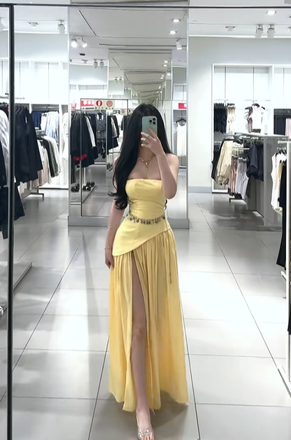 Yellow strapless sexy fitted waist slit long ball gown R7907