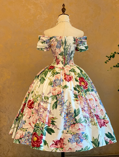 Vintage Printed Off-the-Shoulder Waist-Cinched Elegant Floor-Length Ball Gown R7366