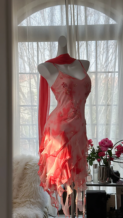 Pink halter-neck fitted midi ball gown R7675