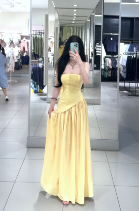 Yellow strapless sexy fitted waist slit long ball gown R7907
