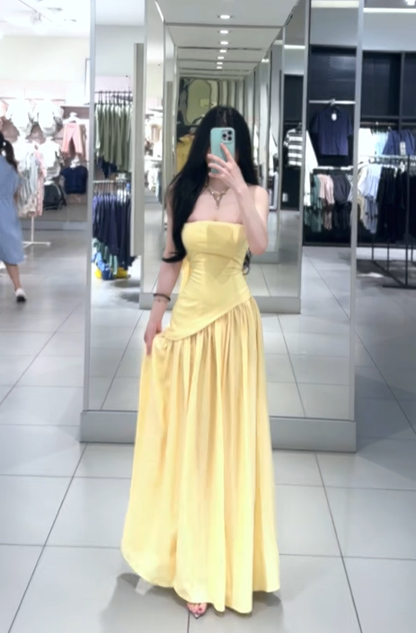 Yellow strapless sexy fitted waist slit long ball gown R7907