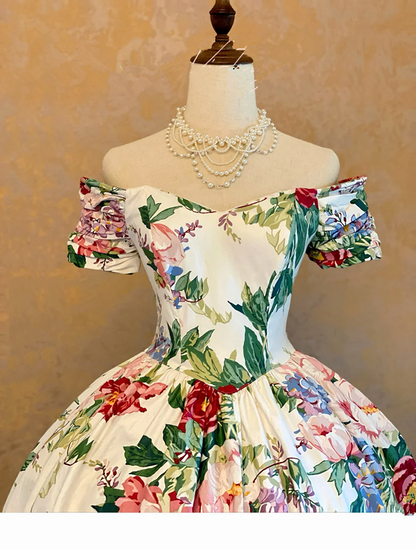 Vintage Printed Off-the-Shoulder Waist-Cinched Elegant Floor-Length Ball Gown R7366