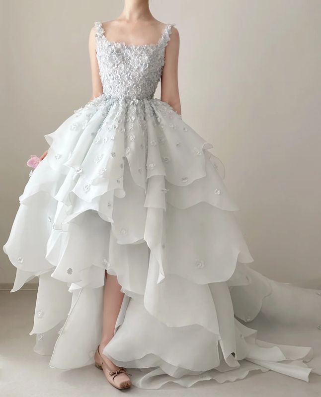Light blue gradient spaghetti strap, 3D floral, waist‑cinched, full‑skirted long prom dress R7986