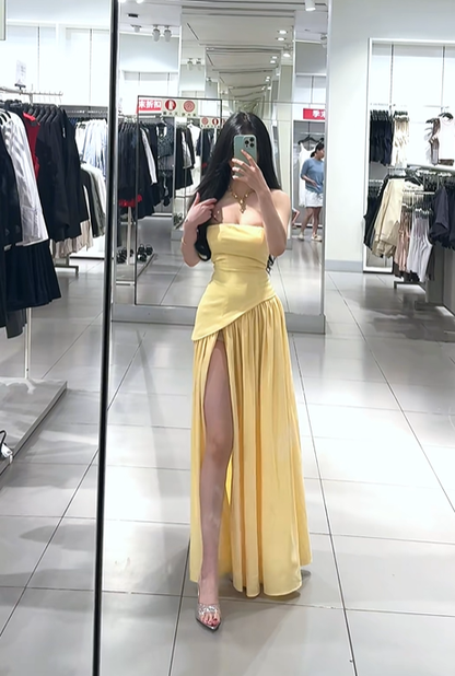 Yellow strapless sexy fitted waist slit long ball gown R7907