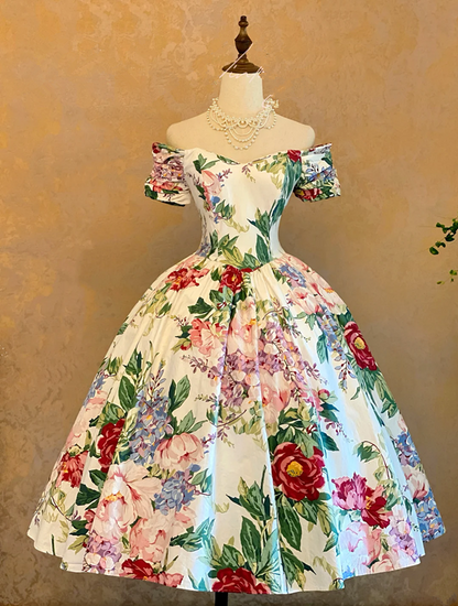 Vintage Printed Off-the-Shoulder Waist-Cinched Elegant Floor-Length Ball Gown R7366