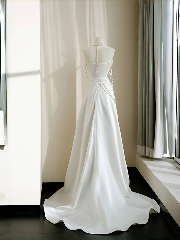 White strapless satin waist slim fit elegant skirt, prom dress R5692