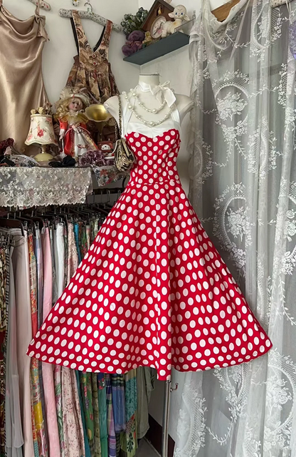 Red halter-neck long dress with white polka dots and a fitted waist, long ball gown R7827