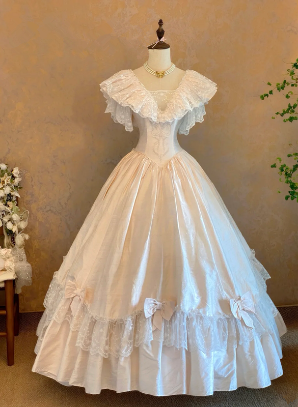 White Prom Dress with V-Neck, Fitted Waist and Puffy Skirt; Bridal Gown R7313