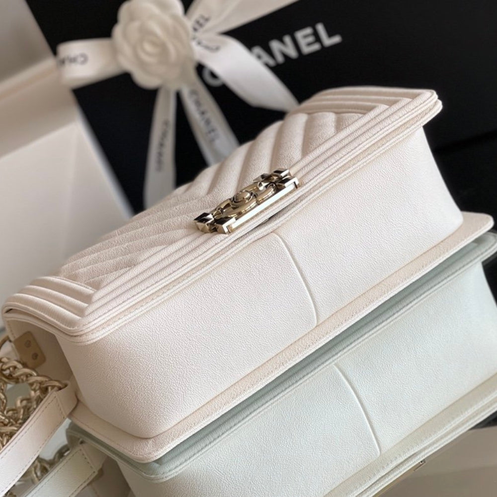 Chanel Boy Bag White Gold Hardware 25Cm A67086